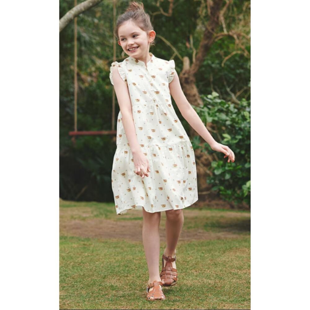 PAUL & JOE Uniqlo Kids Girl's Cat Tiered Dress 7-8 Ruffle Sleeve Summer Casual